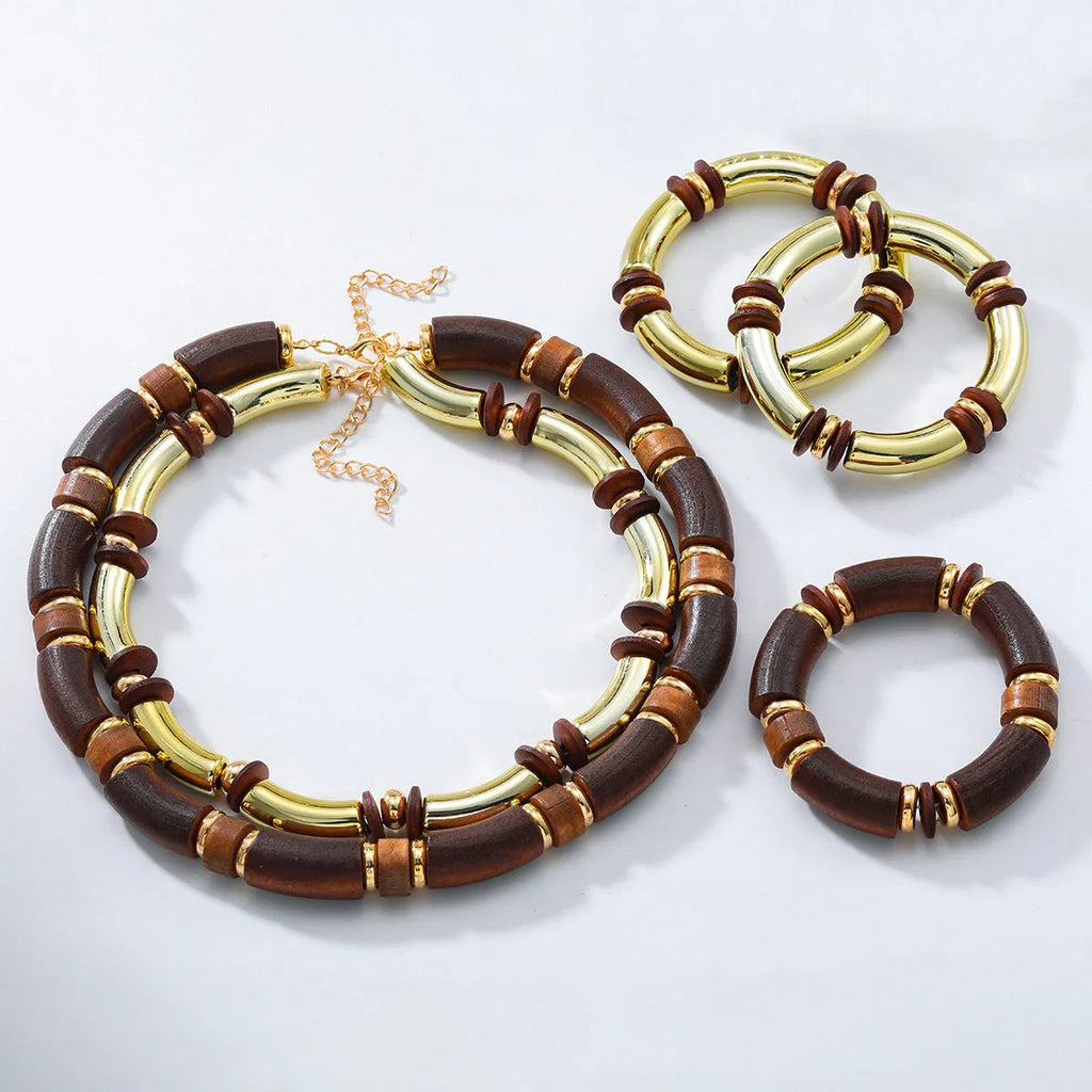Women's multi-layer wooden necklace and bracelet set with alloy construction and round pendant elements