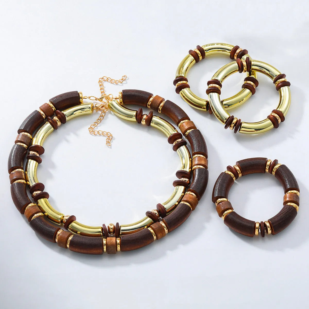 Women's multi-layer wooden necklace and bracelet set with alloy construction and round pendant elements