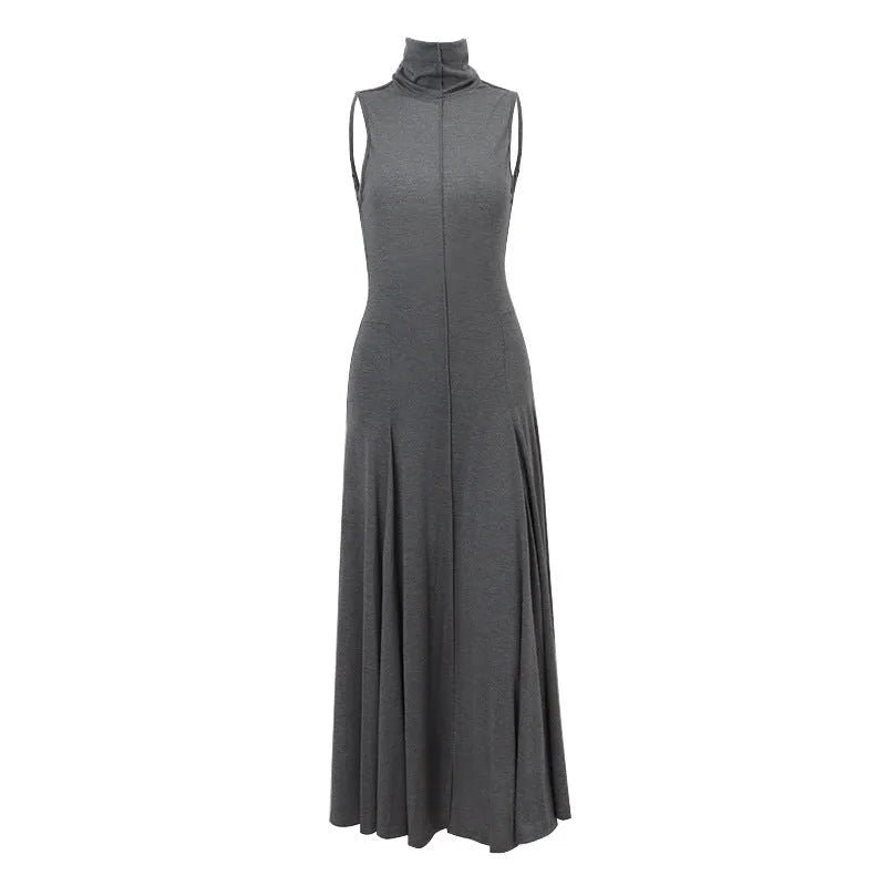 Grey slim-fit women's cotton dress with a backless design and half turtleneck neckline.