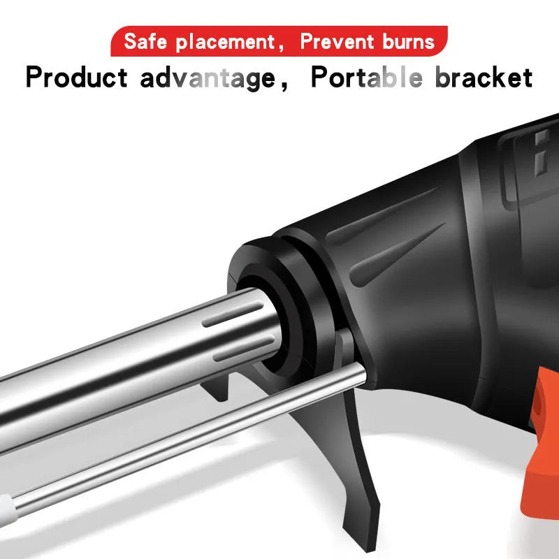Black alloy soldering gun with LED light in five-piece set showing CN EU US specifications