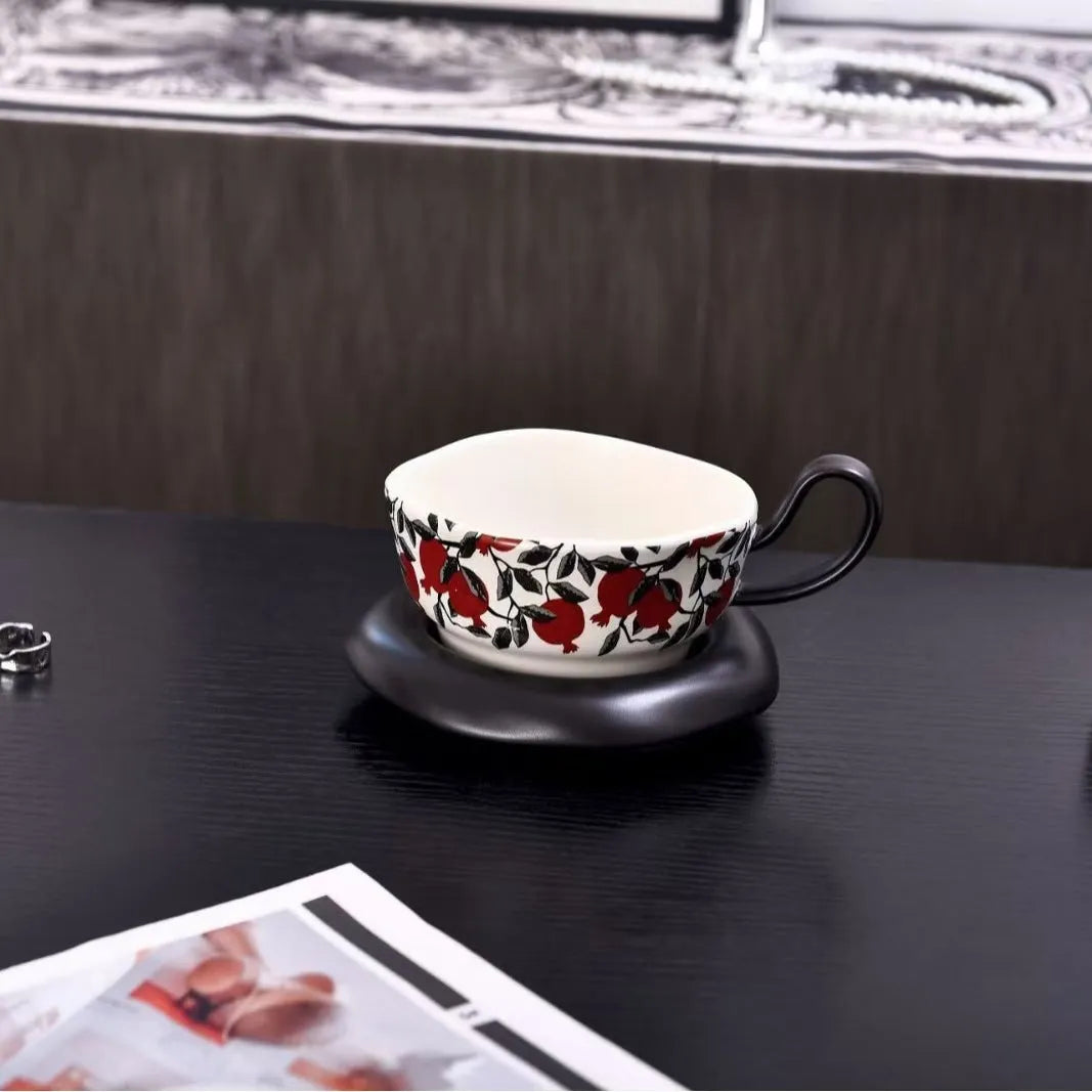 Medieval style ceramic coffee cup and saucer set in black or orange colour with 210ml capacity