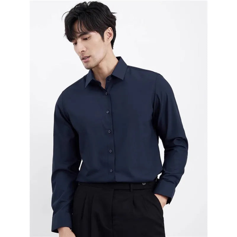 Wine red men's slim fit business casual shirt with long sleeves and non-iron polyester fabric