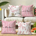 Square short velvet cushion cover with cherry blossom and letter print in 45cm size.