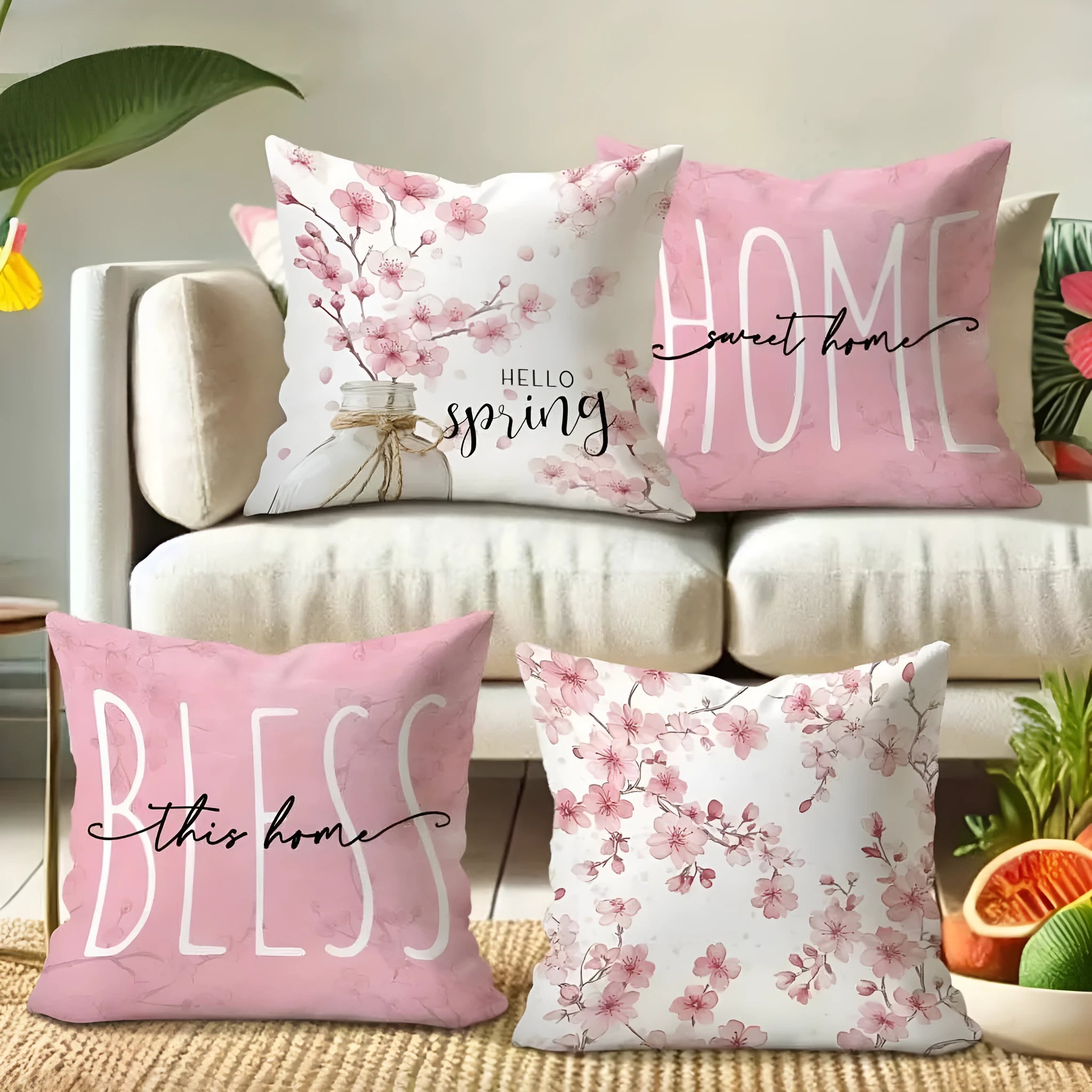 Square short velvet cushion cover with cherry blossom and letter print in 45cm size.