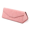 Handmade triangular folding glasses case in PU cowhide with visible stitching, shown closed and opened