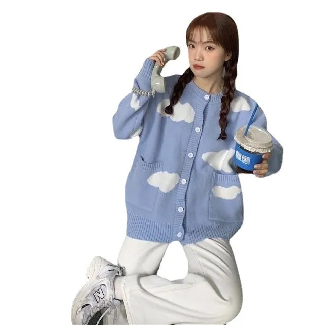 Women's blue cloud pattern spandex cardigan sweater with loose fit and long sleeves