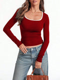 Women's slim fit cotton pullover top with a square collar and long sleeves.