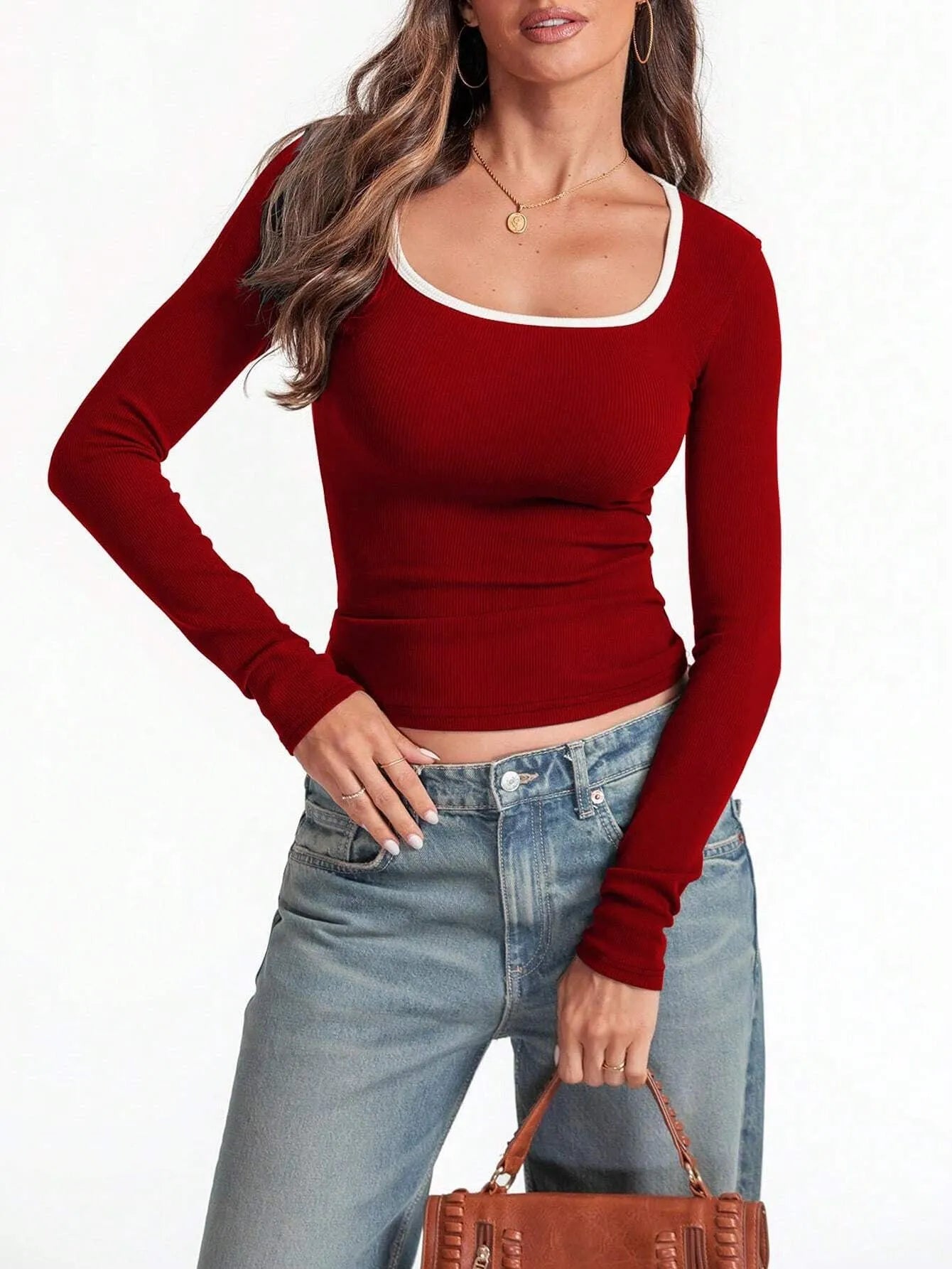 Women's slim fit cotton pullover top with a square collar and long sleeves.