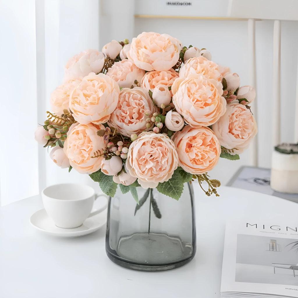 Artificial silk peony bouquet in champagne colour for home decoration and wedding events