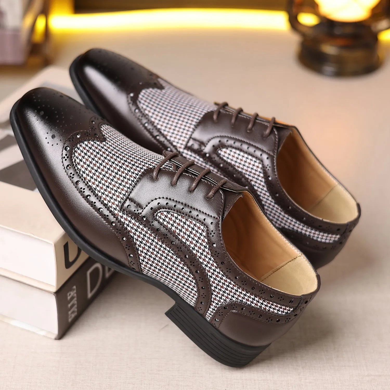 Men's black houndstooth plaid casual shoes with square toe and lace-up front.