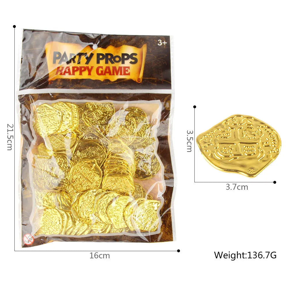 Plastic Roman pirate coins in gold, silver, and bronze electroplated finishes