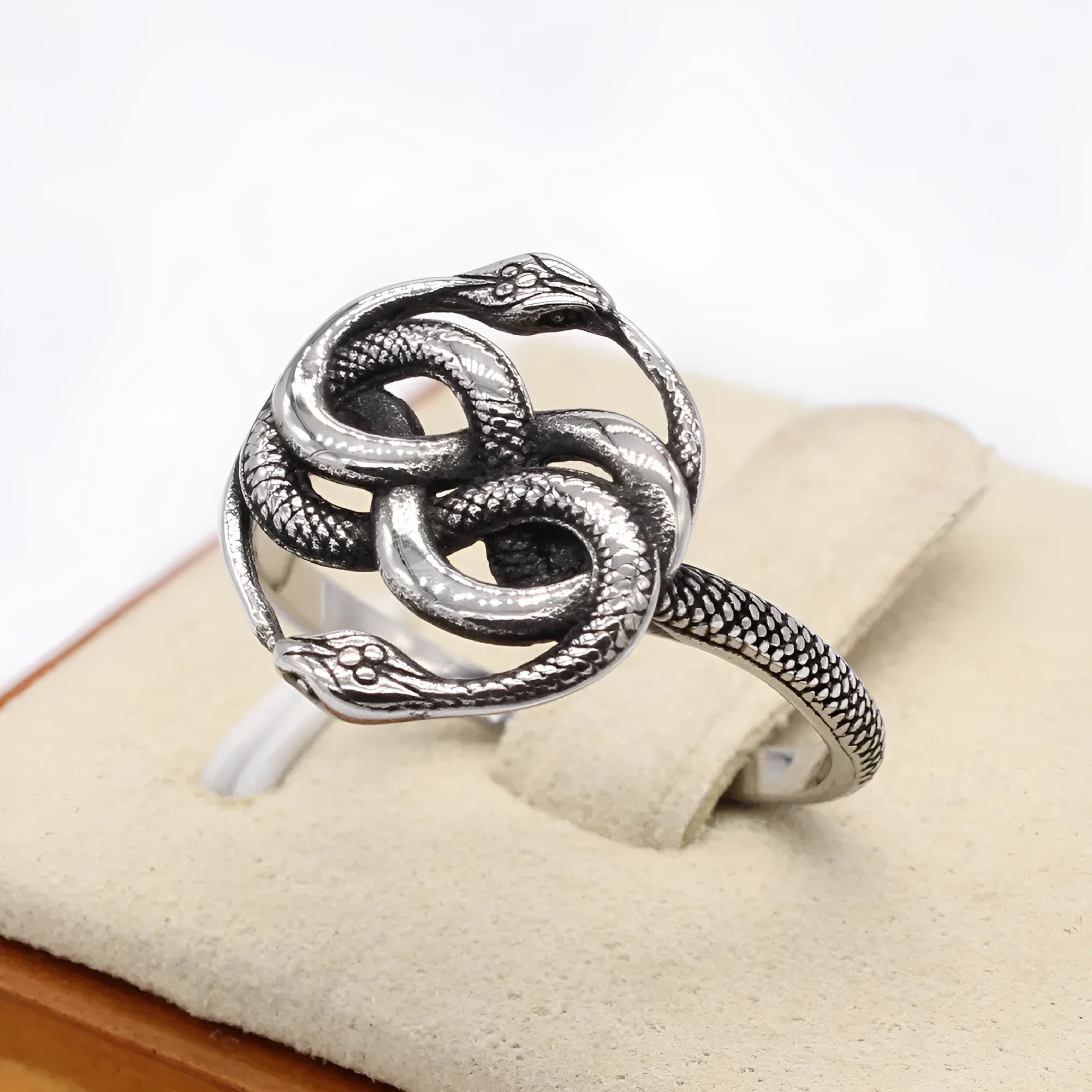 Titanium steel snake ring with double snake cold wind design in steel colour