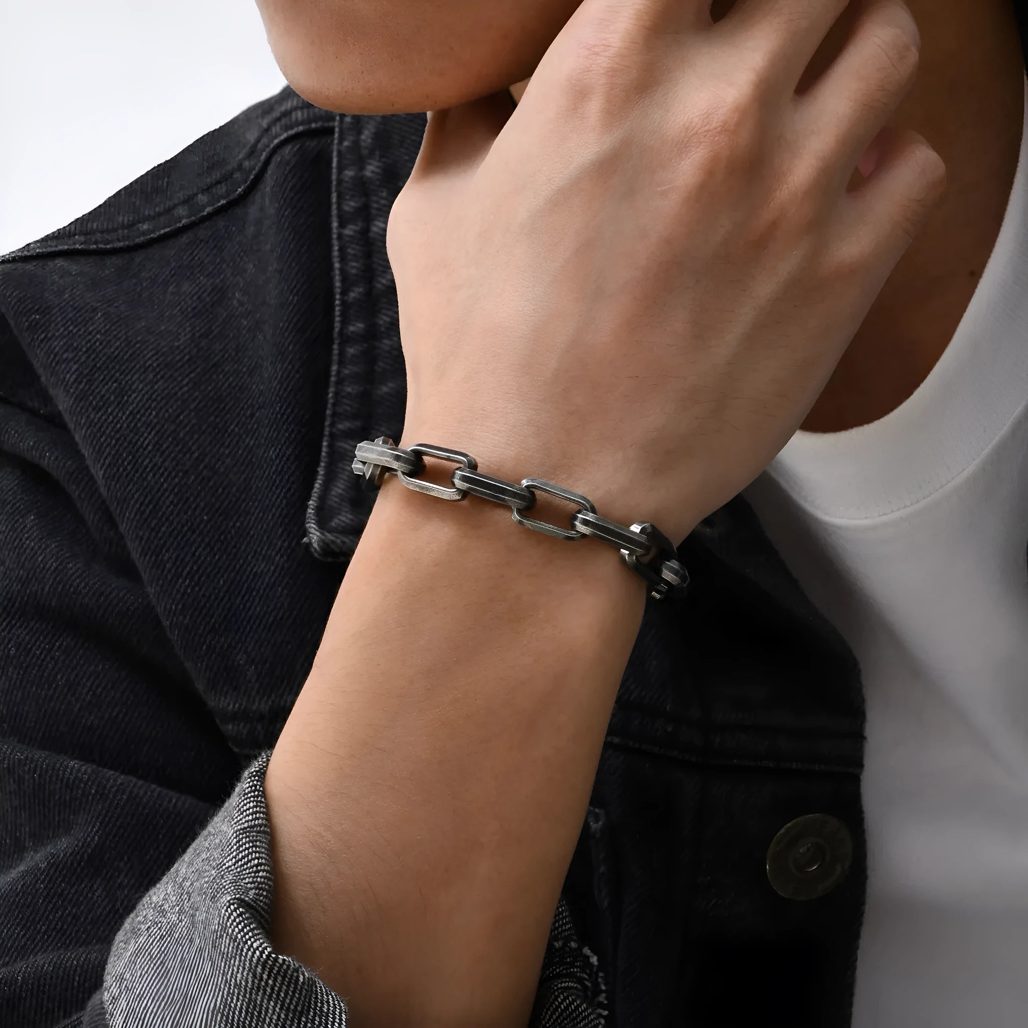 Men's titanium steel square link bracelet in electroplated black finish with geometric design