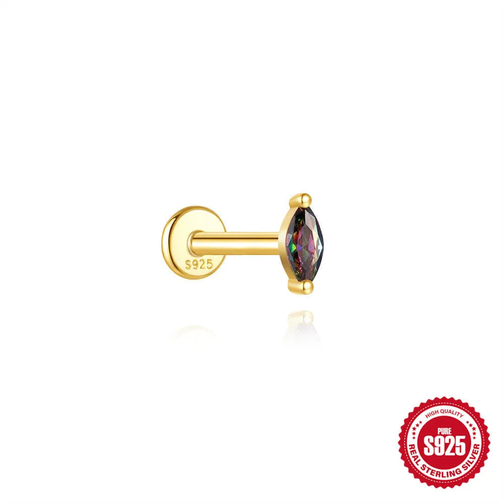 S925 sterling silver threaded ear piercing with super shiny flat head and rainbow stone in a gold colour.