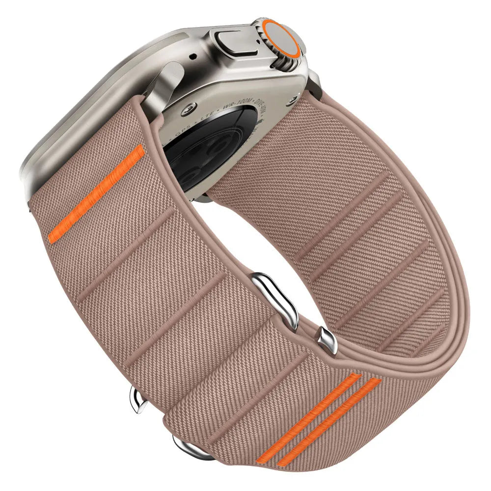 Elastic nylon sports watchband with stainless steel buckle for Apple Watch, shown in multiple colour options.
