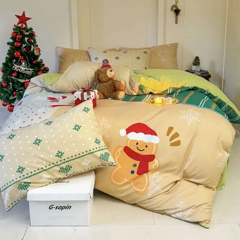 Christmas cartoon printed bedding set with Gingerbread Man design on washed cotton