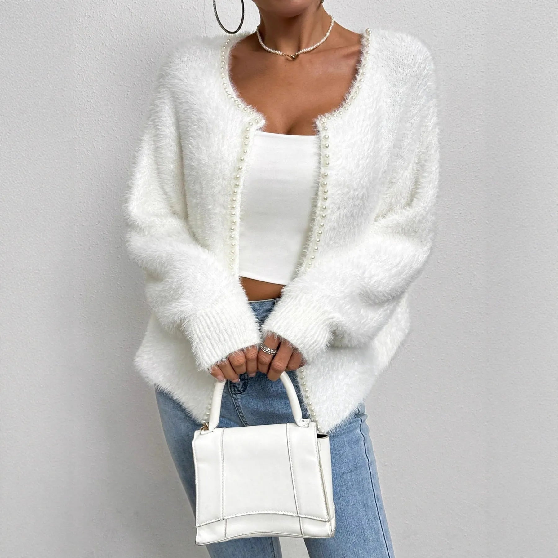 White women's V-neck cardigan sweater with medium thickness polyester knitwear