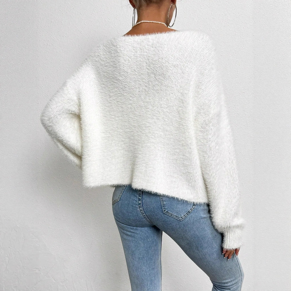 White women's V-neck cardigan sweater with medium thickness polyester knitwear
