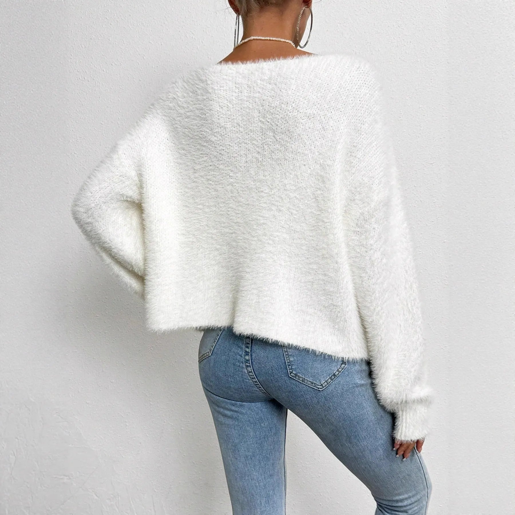 White women's V-neck cardigan sweater with medium thickness polyester knitwear