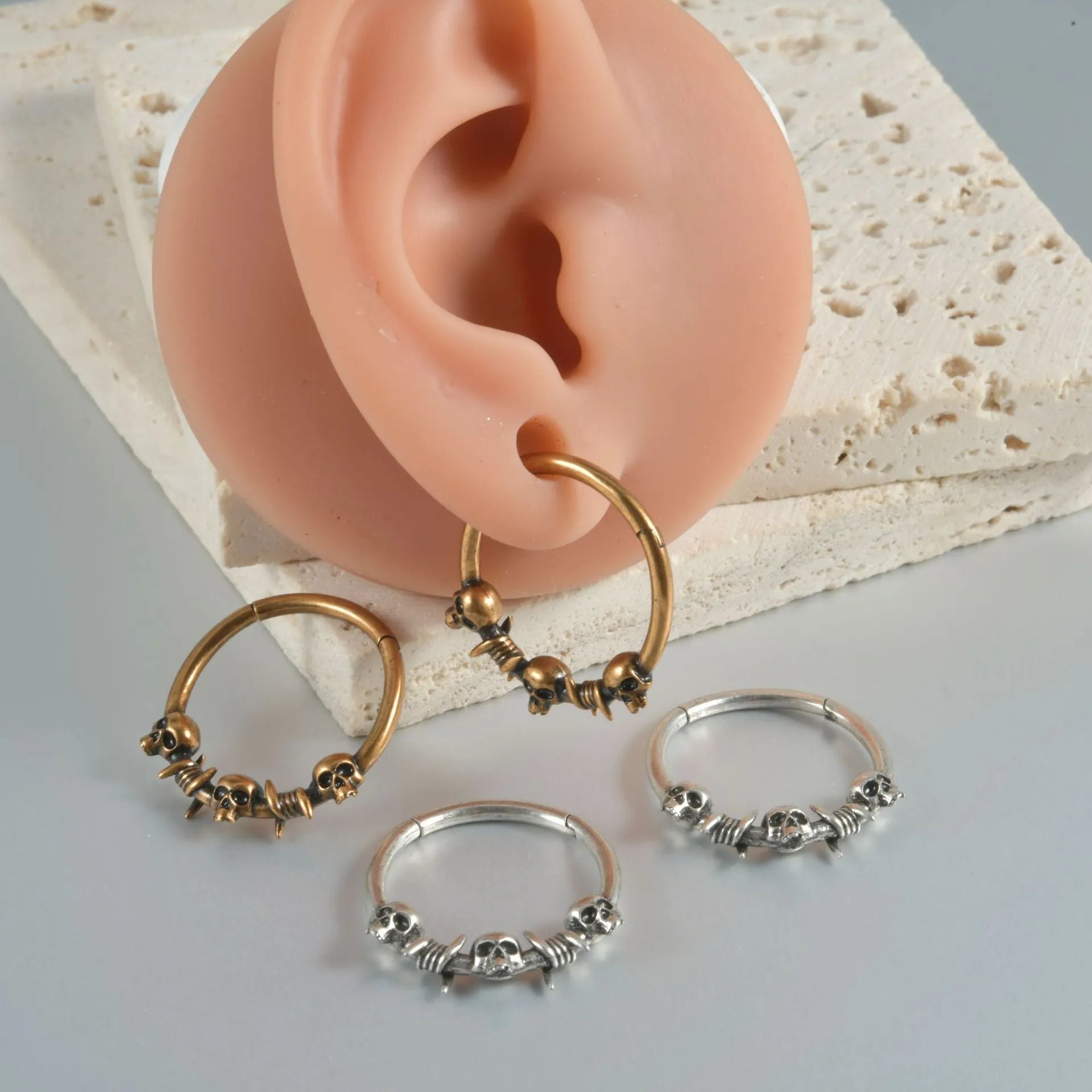 Copper punk earrings with ghost head design in antique silver finish