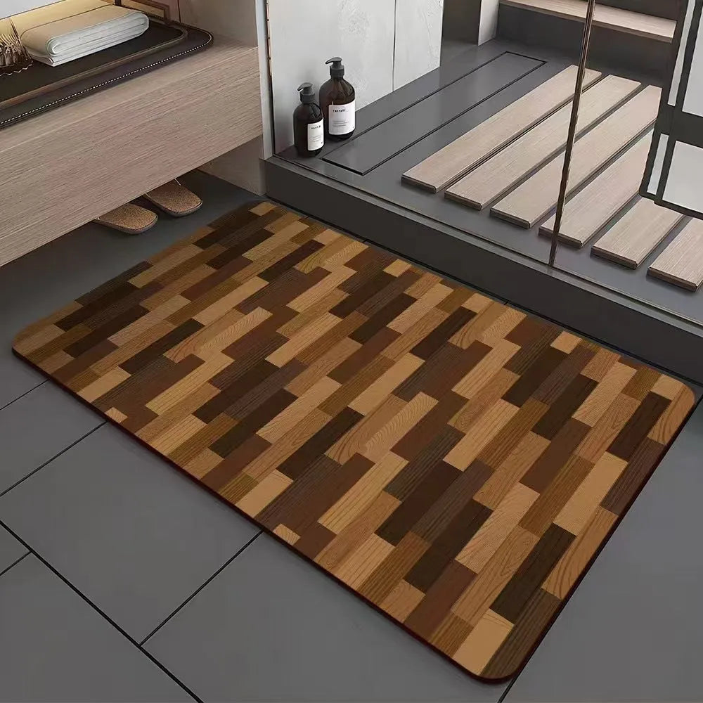Square American-style diatom ooze floor mat with a geometric wood grain pattern in a bathroom setting.