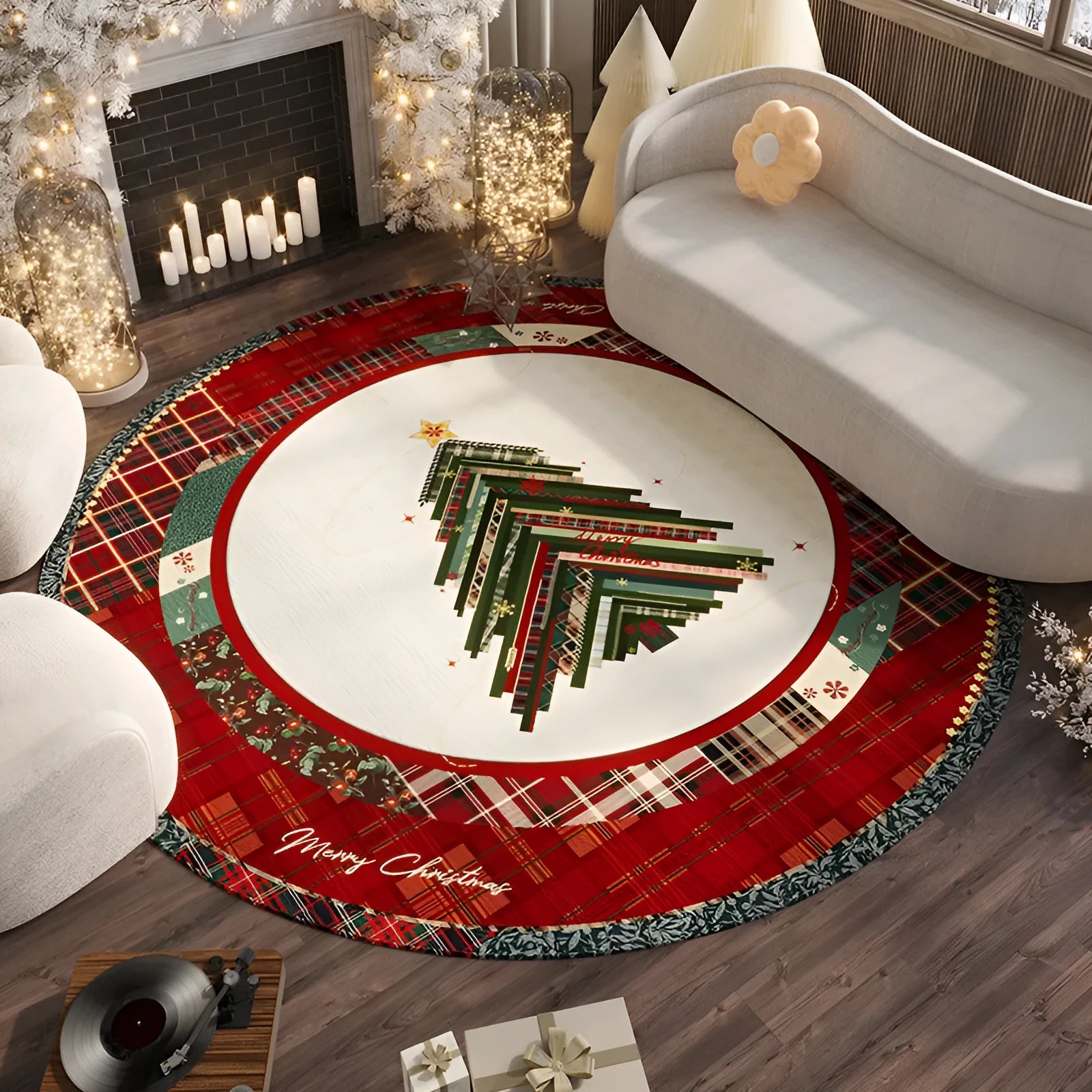 Round Christmas carpet with velvet pile in seasonal red colours on living room floor