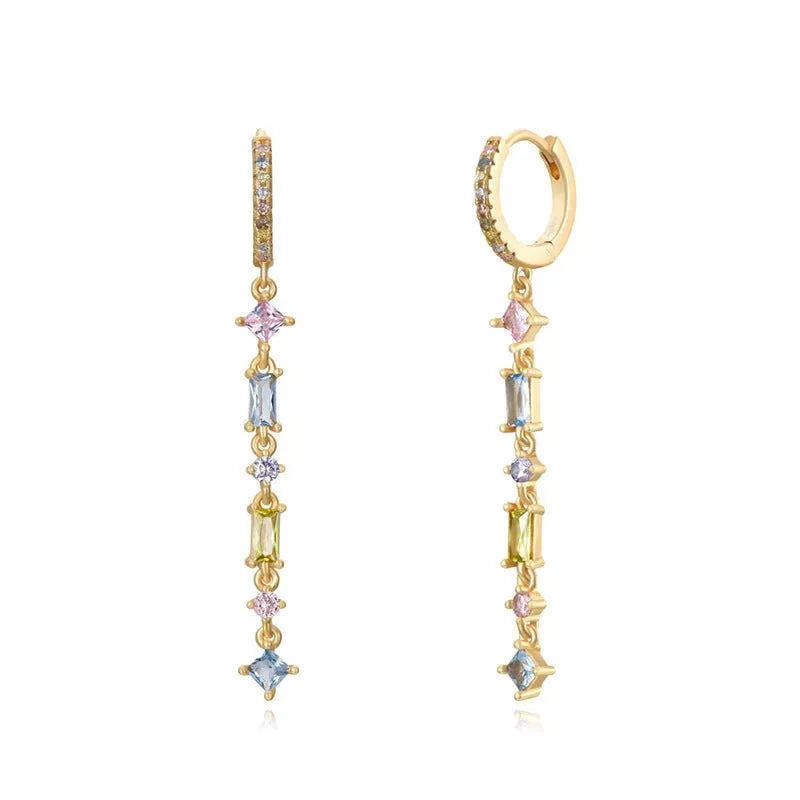 Women's gold-colour geometric U-shape ear clips with micro-inlaid colourful zircon stones and dot-ring-line pattern.