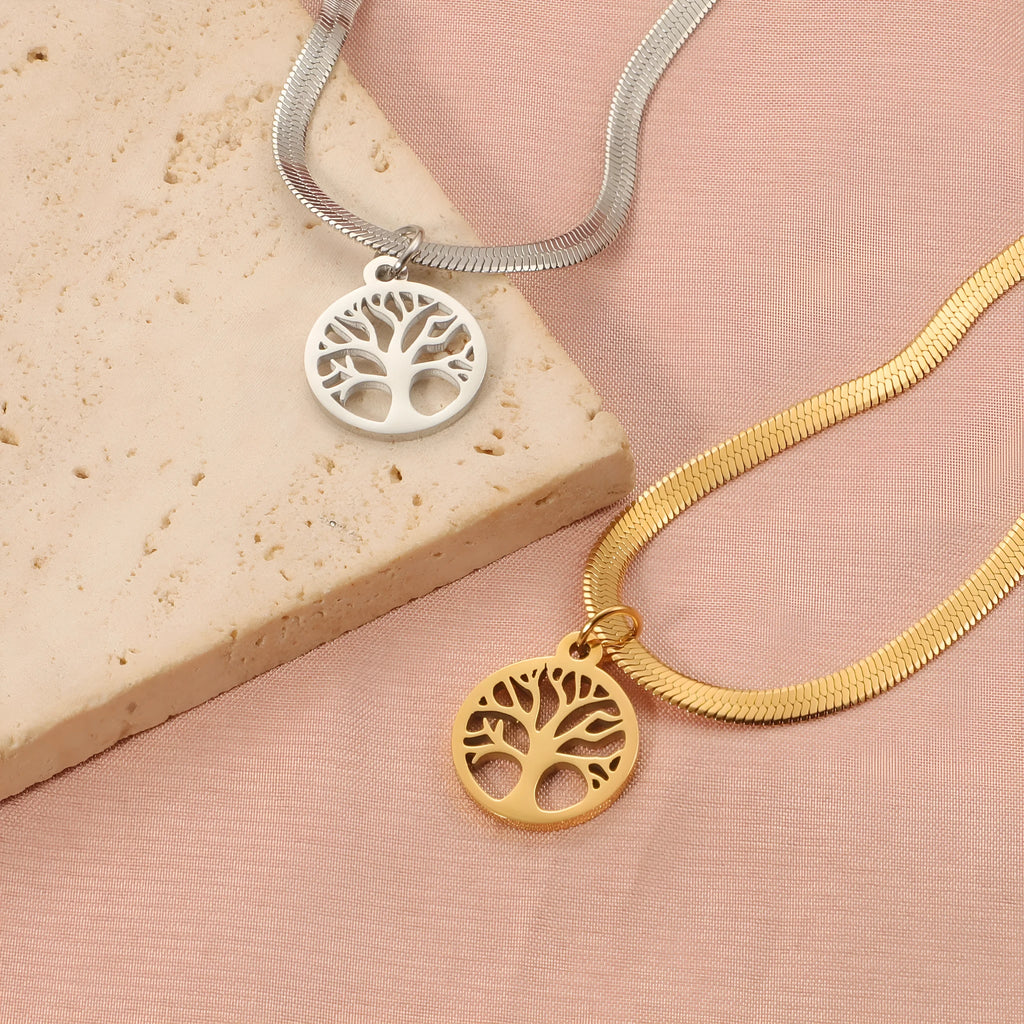 Stainless steel lucky tree pendant on snake bones chain necklace in gold colour