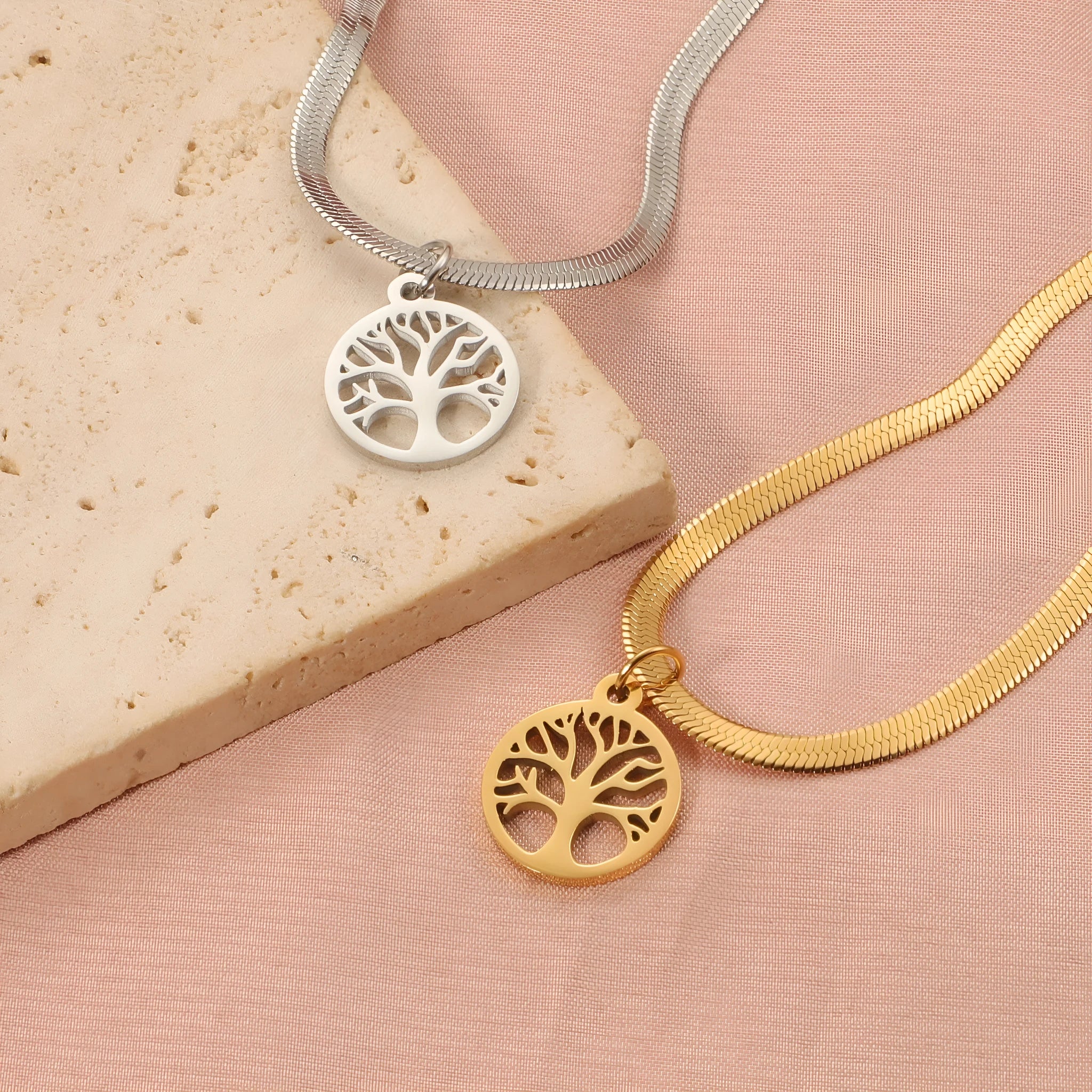 Stainless steel lucky tree pendant on snake bones chain necklace in gold colour