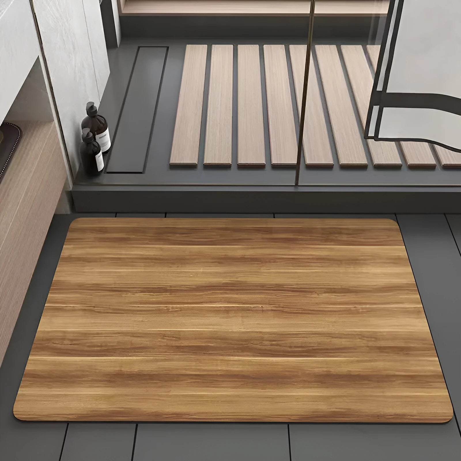 Square American-style diatom ooze floor mat with a geometric wood grain pattern in a bathroom setting.