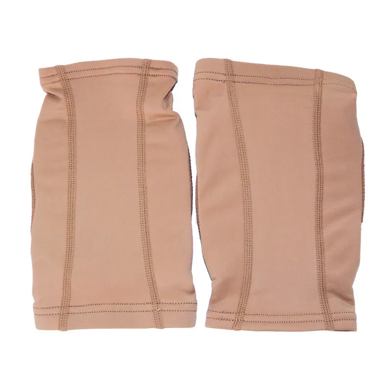 Black and skin colour ballet knee pads shown in five sizes from XS to XL for knee protection