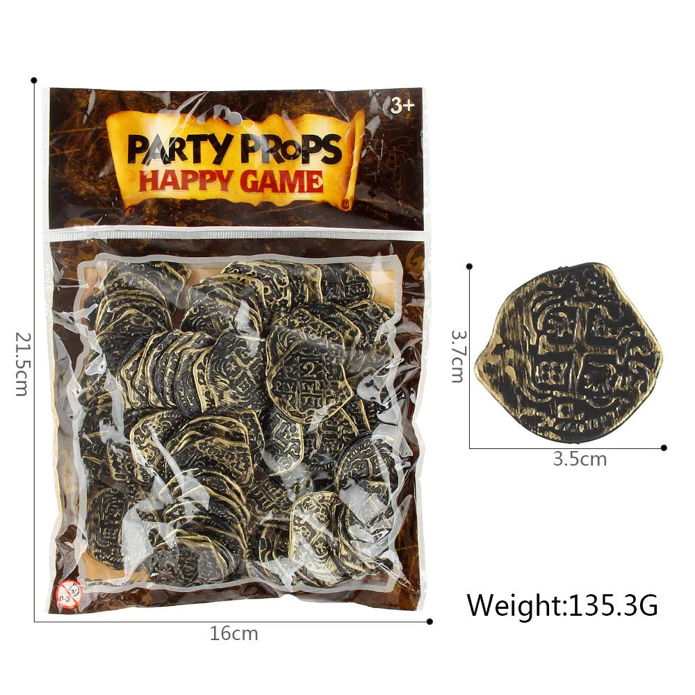 Plastic Roman pirate coins in gold, silver, and bronze electroplated finishes
