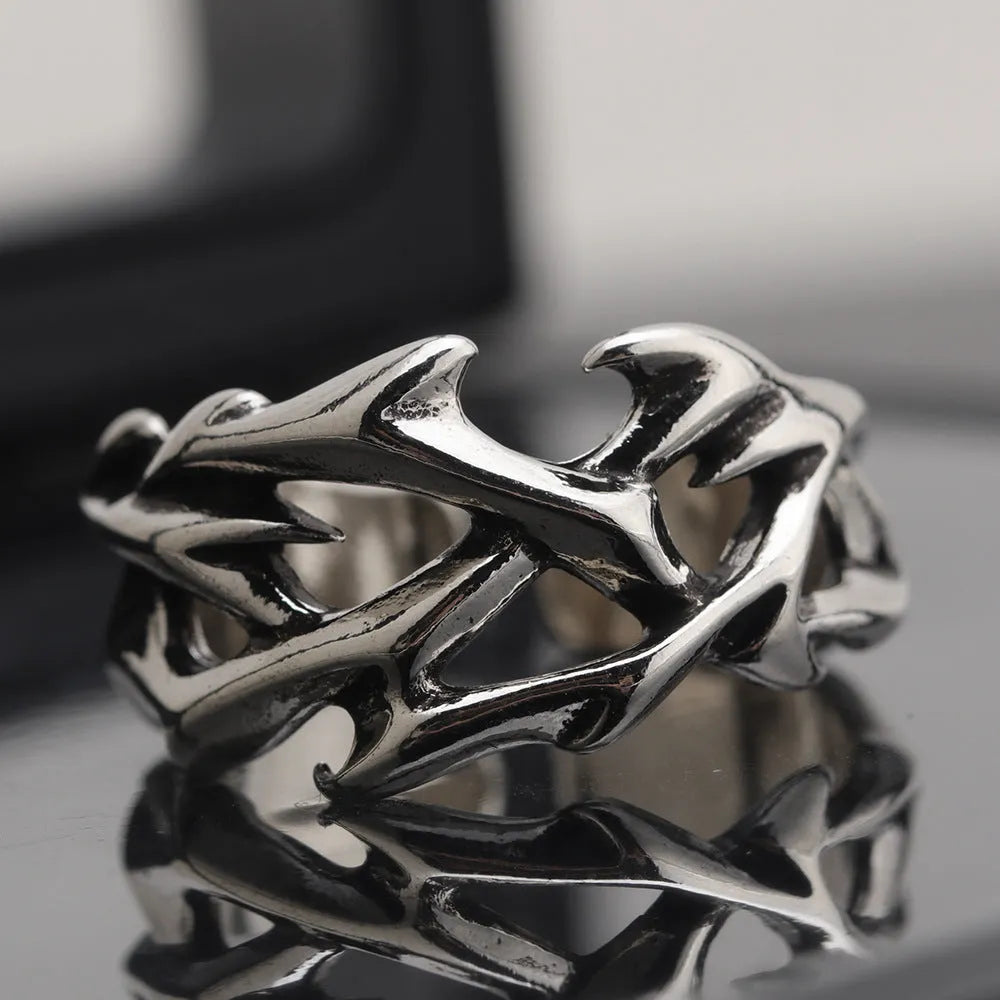 Copper thorn flower ring with geometric pattern and adjustable opening