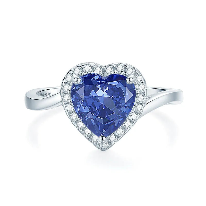 Heart-shaped 925 sterling silver ring with a colour zircon stone in a diamond ice flower cut.