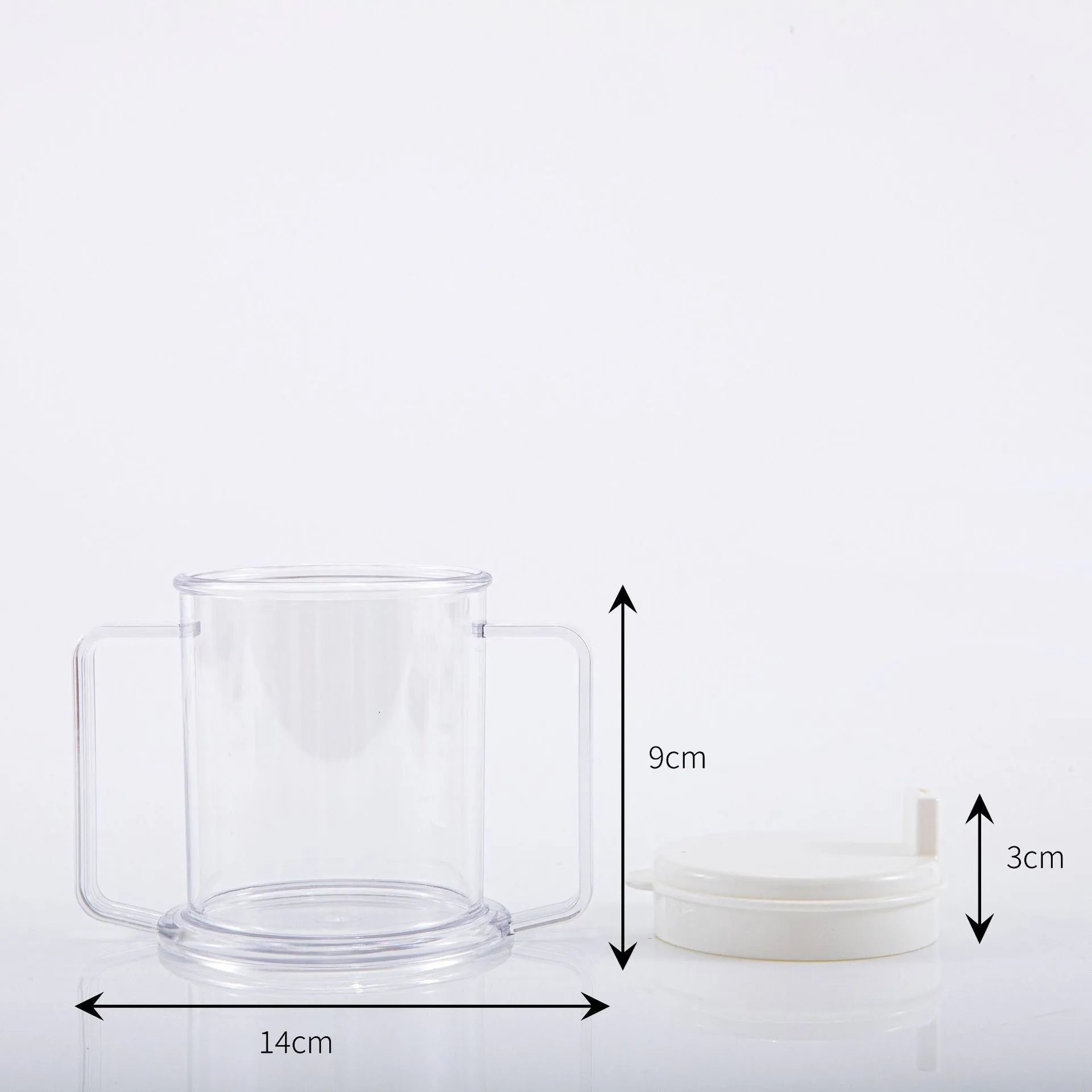 Transparent spill-proof drinking cup with modern design showing dimensions