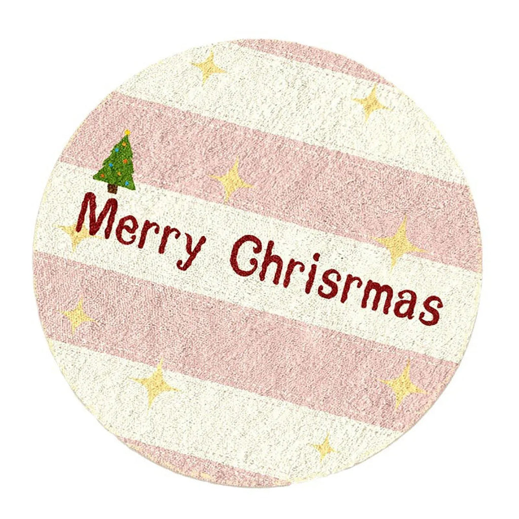 Round Christmas floor mat with festive design on imitation cashmere material in 60cm and 80cm sizes.