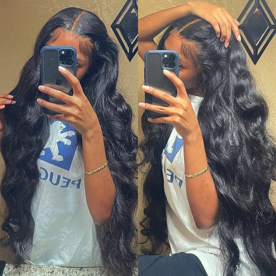 Black long curly synthetic lace front wig with side bangs on a model