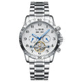 Men's silver automatic perpetual calendar mechanical watch with stainless steel strap.