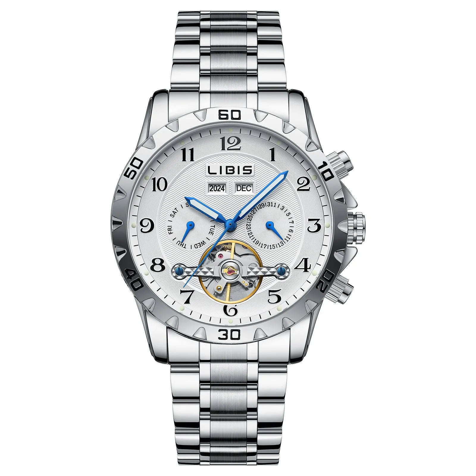 Men's silver automatic perpetual calendar mechanical watch with stainless steel strap.
