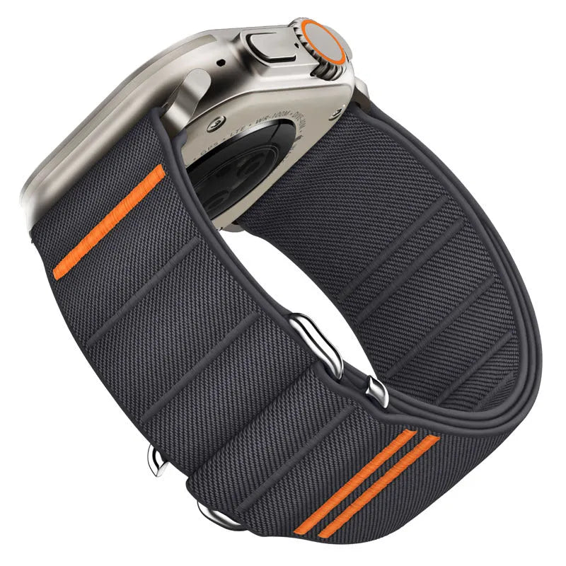 Elastic nylon sports watchband with stainless steel buckle for Apple Watch, shown in multiple colour options.