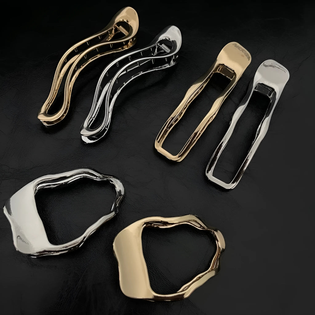 Gold and silver zinc alloy barrettes in square, arc, and triangle shapes for women