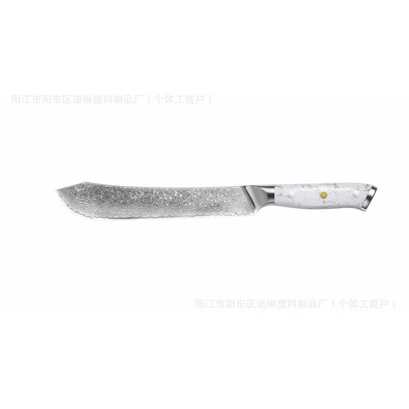 Damascus pattern chef's knife with VG10 steel blade and modern handle on a kitchen counter.