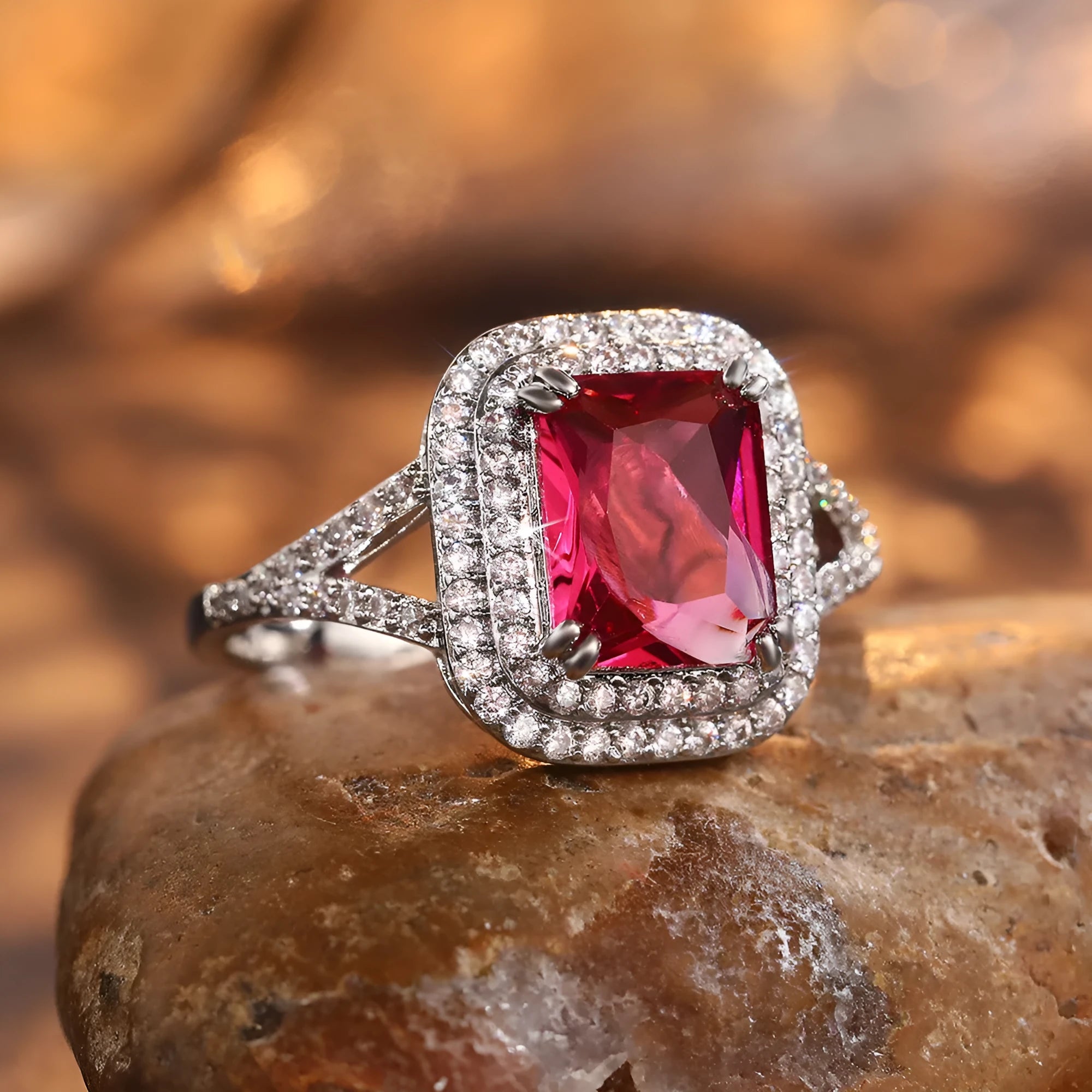 Copper square princess ring with F827 red rhinestone on women's hand geometric jewellery