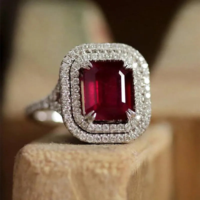 Copper square princess ring with F827 red rhinestone on women's hand geometric jewellery