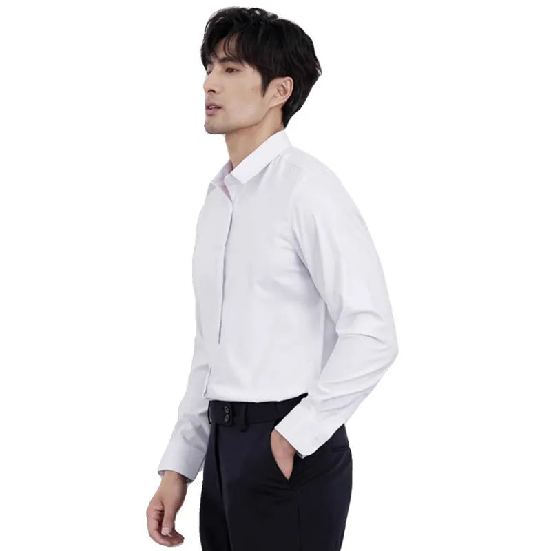 Wine red men's slim fit business casual shirt with long sleeves and non-iron polyester fabric