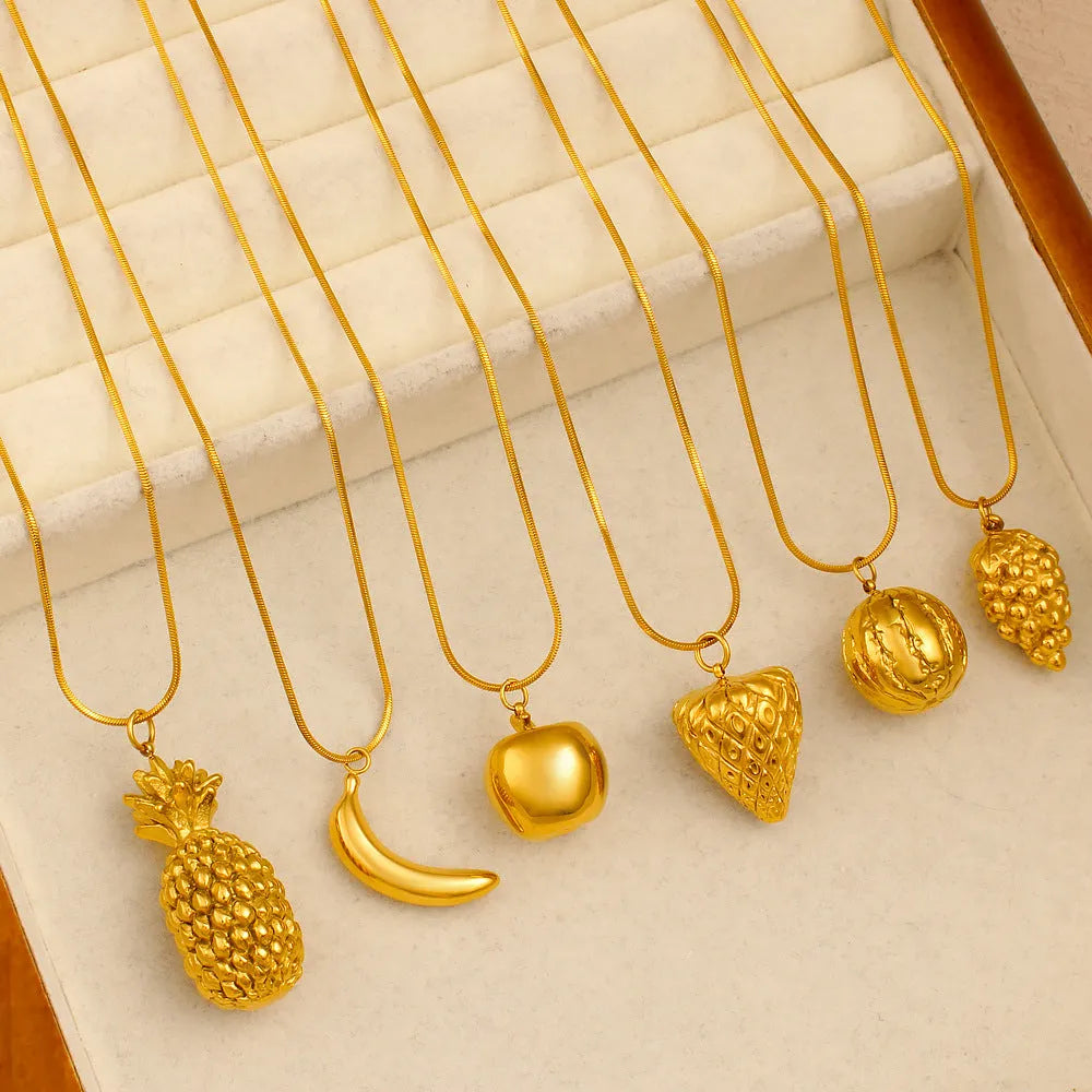 Stainless steel necklace with a colourful fruit-shaped pendant charm on a regular chain.