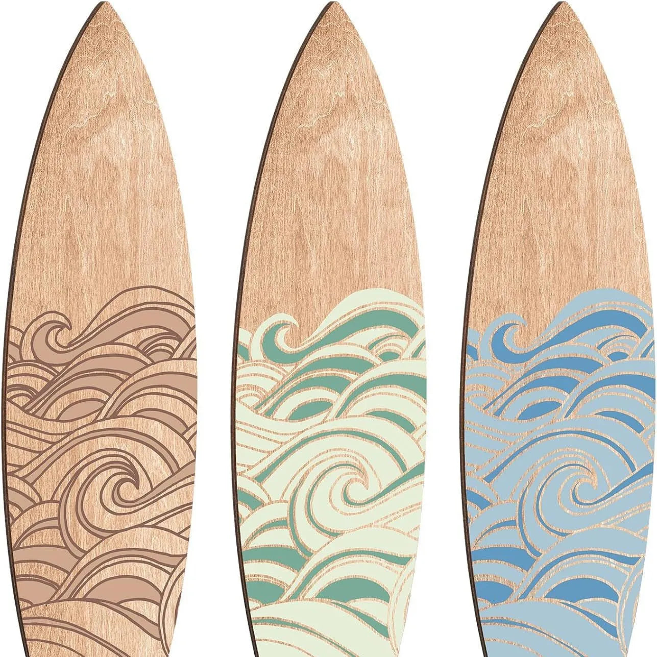 Three identical wooden surfboard-shaped wall decorations made from boxwood, shown against a plain background
