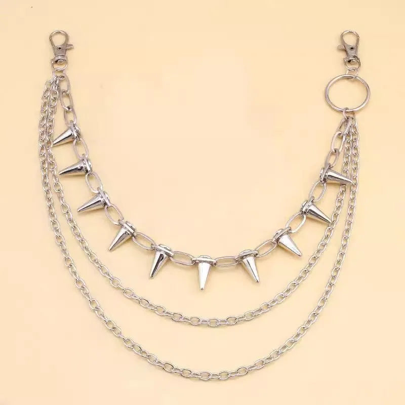 Silver double-layer metal trousers chain with rivet details, 115cm length