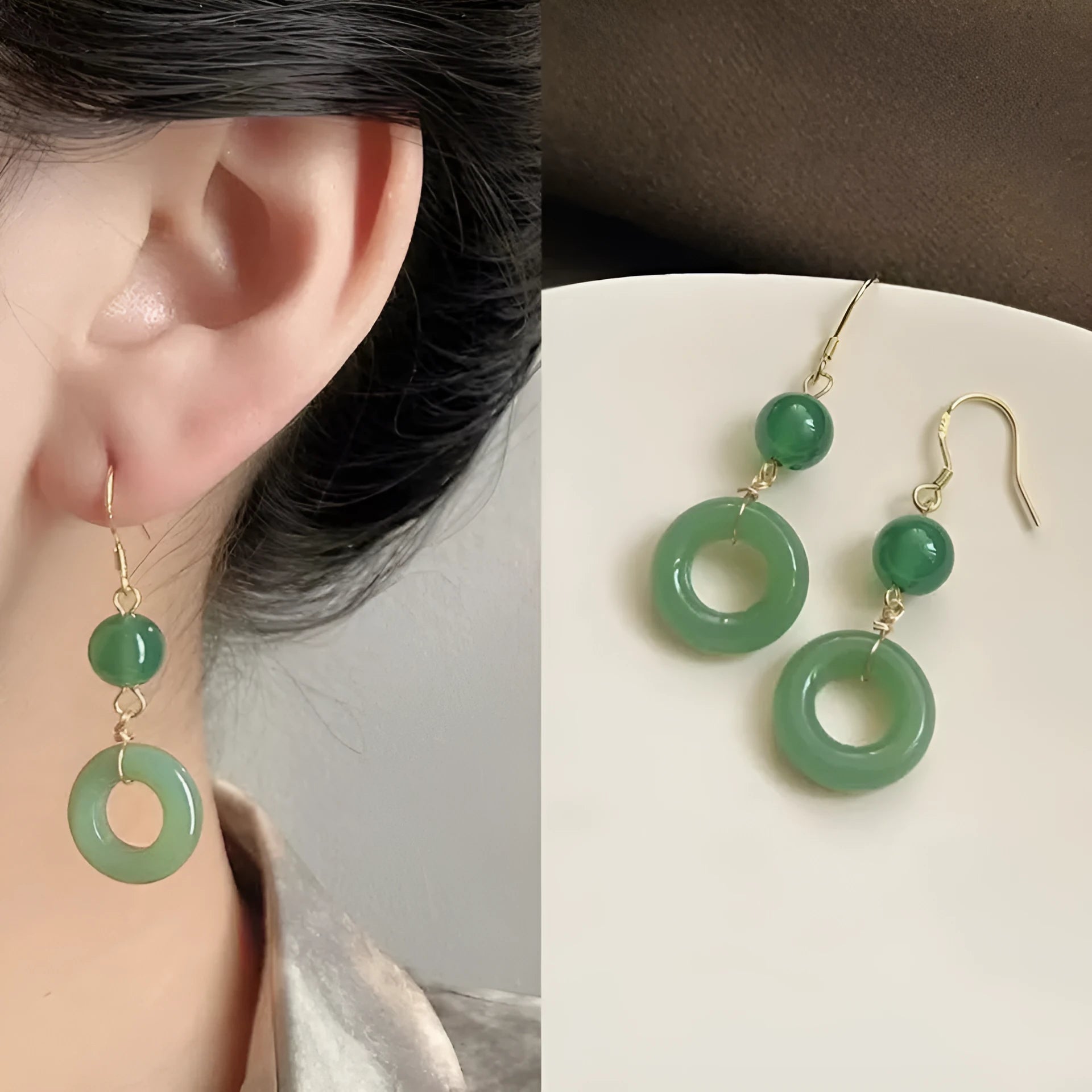 Green geometric peace buckle shape earrings with jade design on zinc alloy background