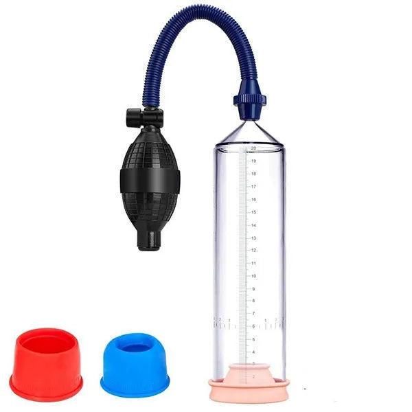 Customised transparent silicone cover for a male home exercise machine with accessory kit components.